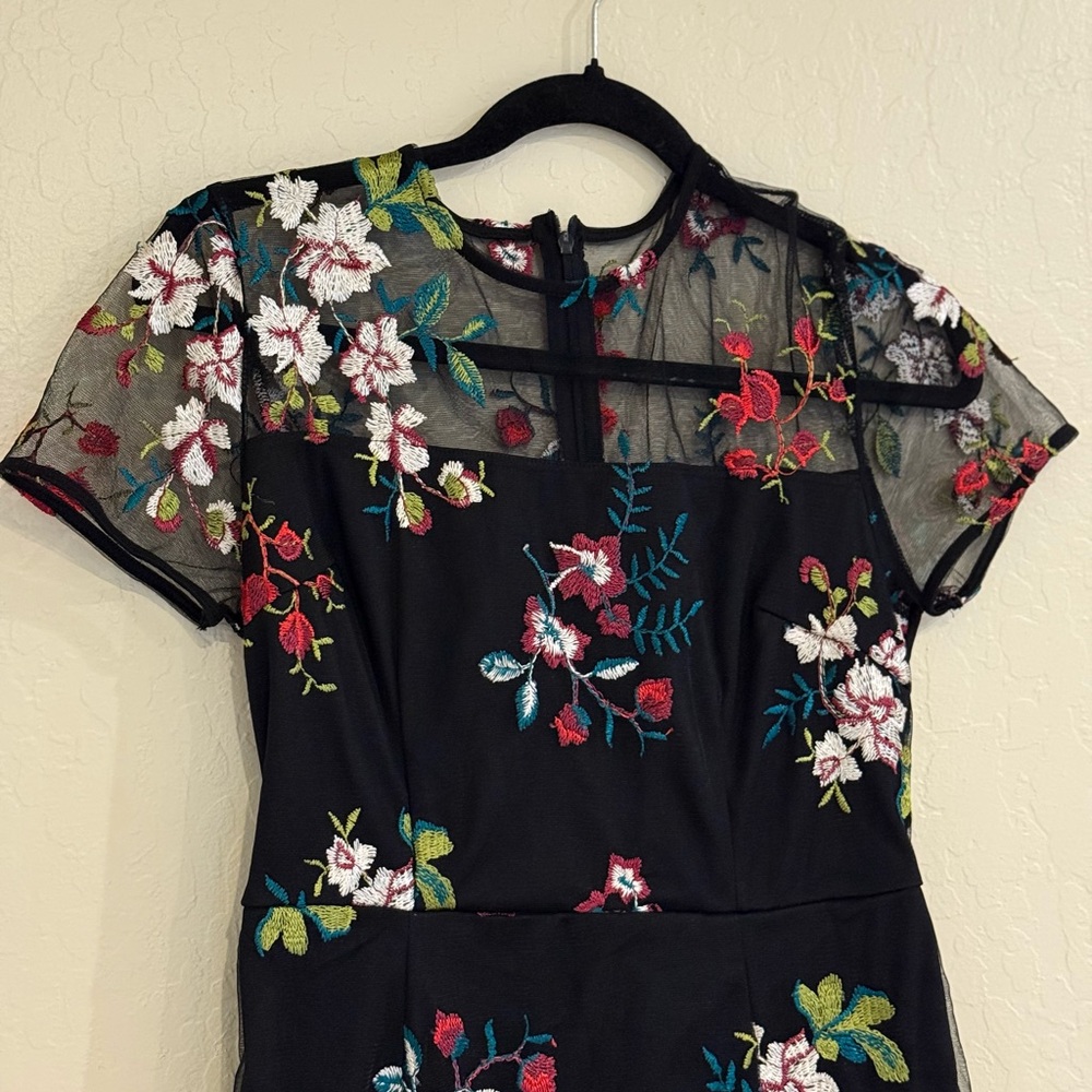 SHEIN Random Flower Embroidered Sheer Mesh Yoke Dress